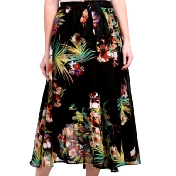 Moon Orchid Dresses & Skirts - Moon Orchid Skirt Midi Women's Small Black/Floral Flowly Elastic Waist